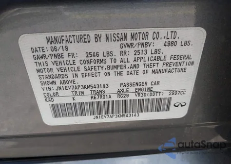 2019 Infiniti Q50 3.0T Luxe z USA, uszkodzony, nr VIN JN1EV7AP3KM543143